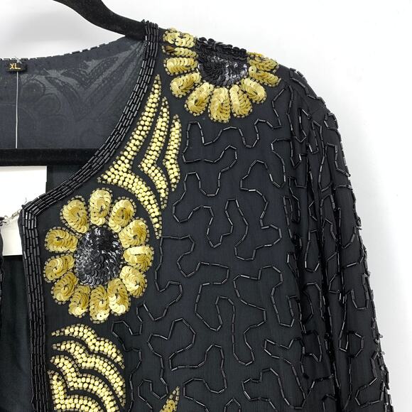 Vintage Silk Sequin Beaded Jacket Womens XL Open Front Evening Top Black Gold - Picture 3 of 6